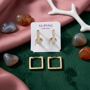 Xuping Gold Crystal Bar Studs & Square Hoop Earring Set - Gold